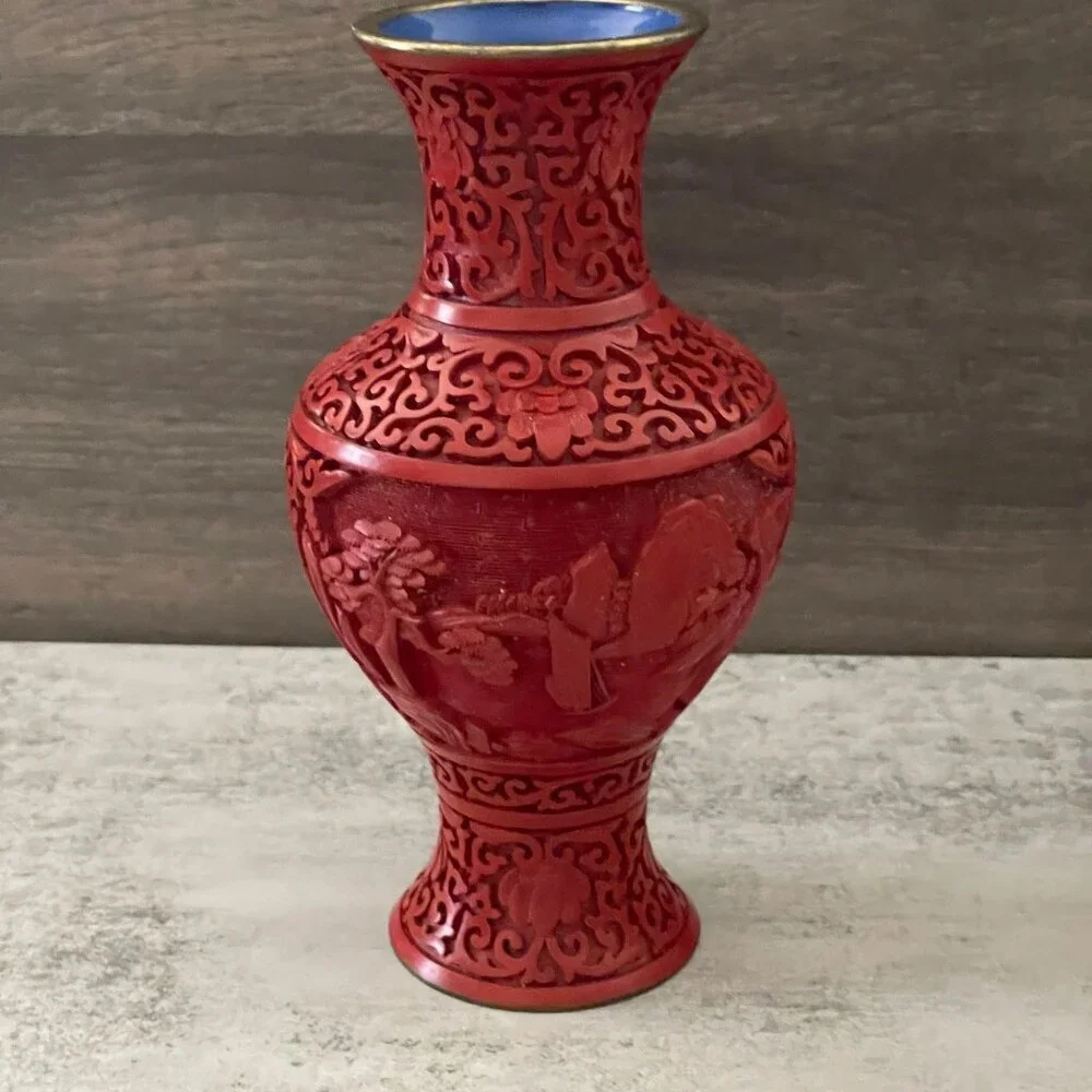 Vintage Red Cinnabar Blue Enamel Brass Hand Carved Lacquer Medium Vase 8.25